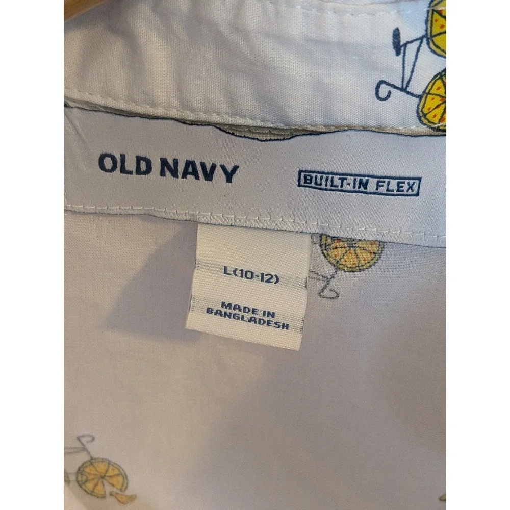 Old Navy Boys White Pizza Bicycle Print Short Sleeve Button Down Shirt L 10-12‎